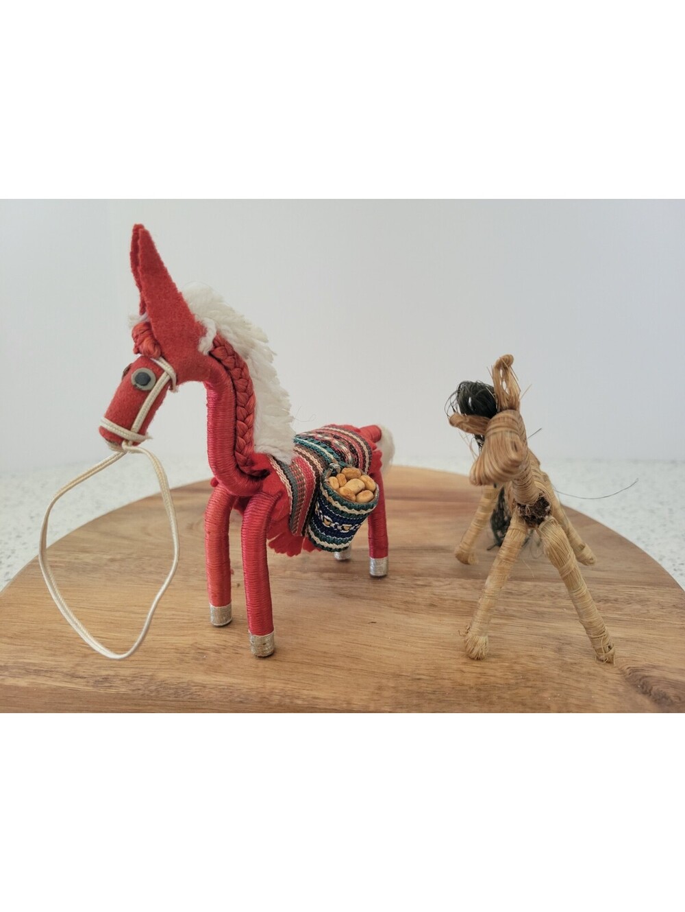Set Of 2 Vtg Covered Wire Horses Christmas Tree Ornaments Holiday Decor Woven